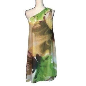 Maggy London One Shoulder Dress - Vibrant Green and Brown